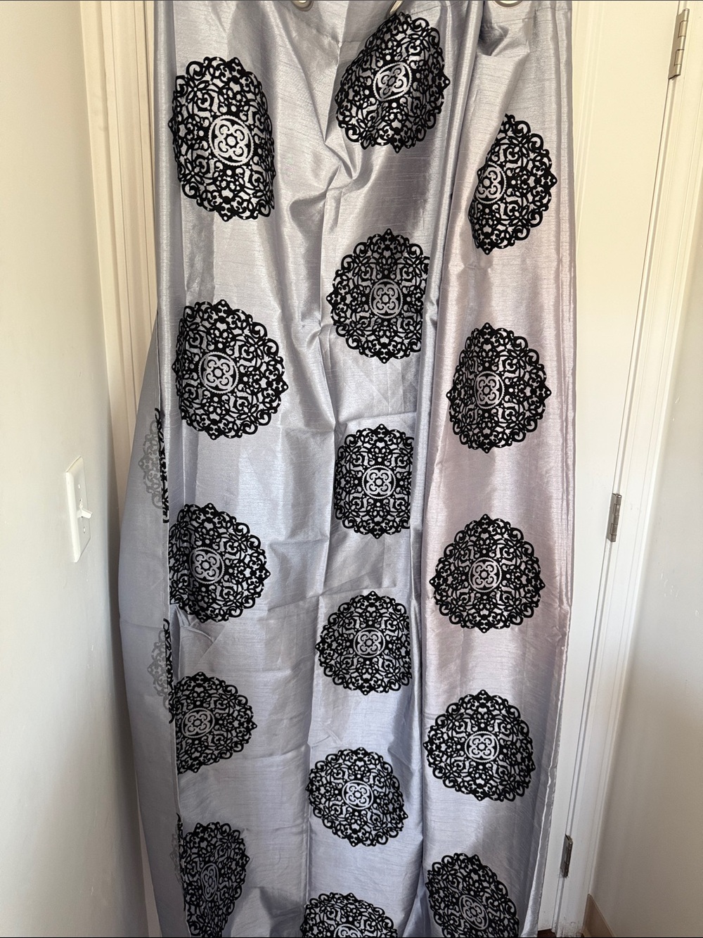 Curtains Silver with Black Medallion Print